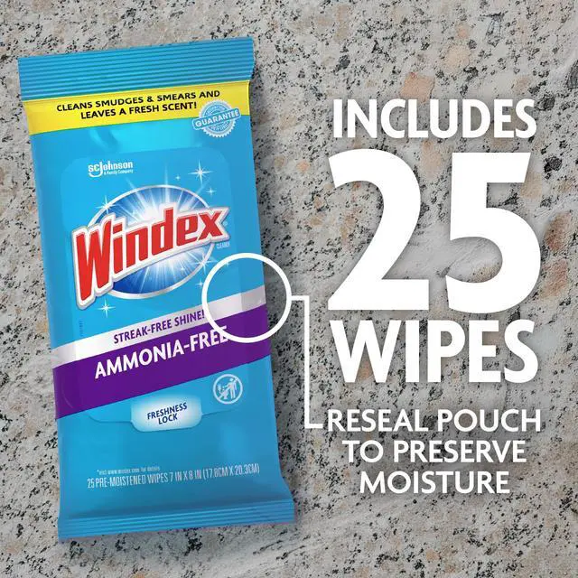 Alt view image 3 of 7 - Windex Wipes Glass Cleaning Ammonia Free, Pre-Moistened Wipes for Cleaning All Glass Surfaces, Crystal Rain Fresh Scent, 25 Count