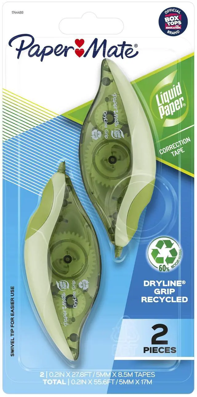 Main image of Liquid Paper DryLine Grip Correction Tape, Mess-Free, Recycled, 2 Count - Home, Office, Teacher Supplies, College Essentials