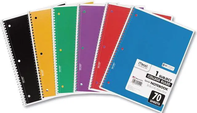 Main image of Spiral Notebook, 1 Subject, College Ruled Paper, 7-1/2" x 10-1/2", 70 Sheets per Notebook, Colors Will Vary, 6 Pack (73065)