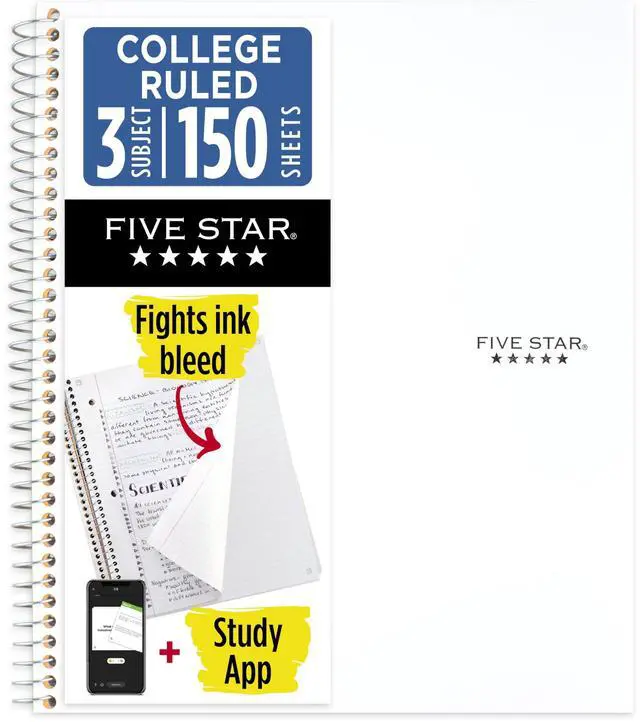 Main image of Spiral Notebook + Study App, 3 Subject, College Ruled Paper, 8-1/2" x 11", 150 Sheets, Fights Ink Bleed, Water Resistant Cover, White (72464)