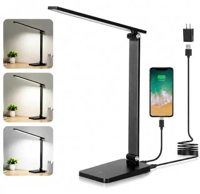 Main image of LED Desk Lamp for Home Office, 3 Levels Dimmable Desk Light with USB Charging Port, Small Study Lamp, Reading Light for Table, Black, 5000K