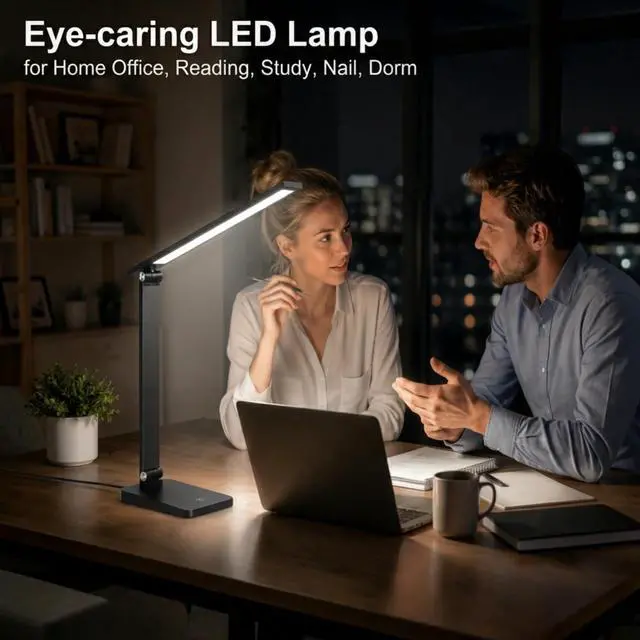 Alt view image 2 of 7 - LED Desk Lamp for Home Office, 3 Levels Dimmable Desk Light with USB Charging Port, Small Study Lamp, Reading Light for Table, Black, 5000K