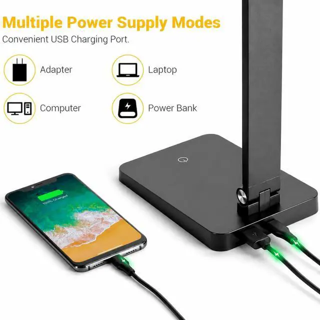 Alt view image 5 of 7 - LED Desk Lamp for Home Office, 3 Levels Dimmable Desk Light with USB Charging Port, Small Study Lamp, Reading Light for Table, Black, 5000K