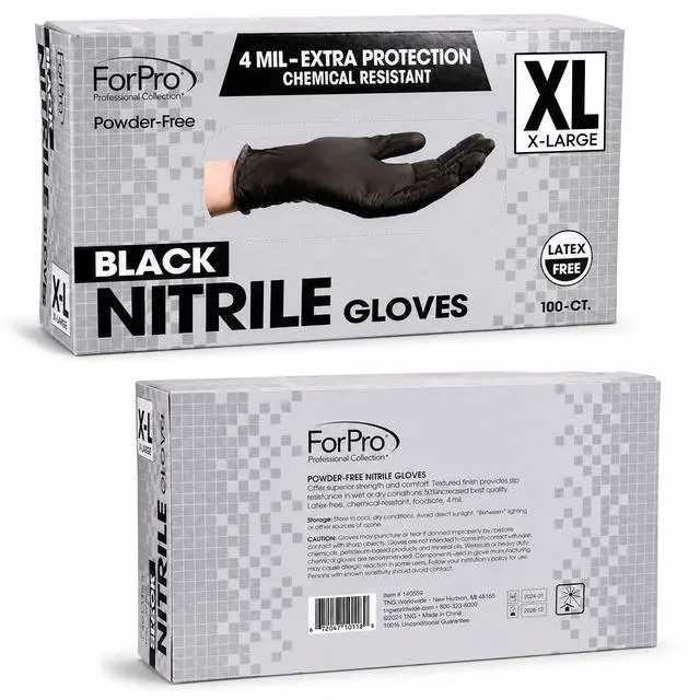 Alt view image 2 of 7 - Disposable Nitrile Gloves, Chemical Resistant, Powder-Free, Latex-Free, Non-Sterile, Food Safe, 4 Mil, Black, X-Large, 100-Count
