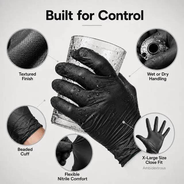 Alt view image 3 of 7 - Disposable Nitrile Gloves, Chemical Resistant, Powder-Free, Latex-Free, Non-Sterile, Food Safe, 4 Mil, Black, X-Large, 100-Count