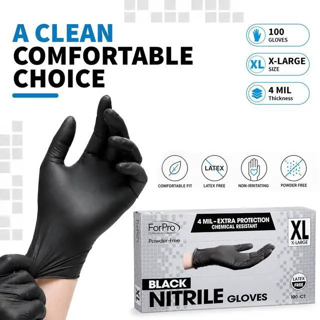 Alt view image 7 of 7 - Disposable Nitrile Gloves, Chemical Resistant, Powder-Free, Latex-Free, Non-Sterile, Food Safe, 4 Mil, Black, X-Large, 100-Count