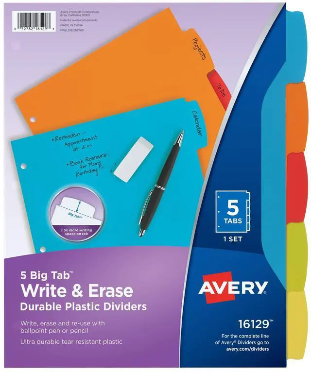 Main image of Big Tab Write & Erase Durable Plastic Dividers for 3 Ring Binders, 5-Tab Set, Bright Multicolor, 1 Set (16129)