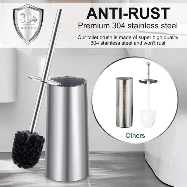 Alt view image 2 of 6 - Toilet Brush and Holder, 2 Pack Toilet Brush with 304 Stainless Steel Long Handle, Toilet Bowl Brush for Bathroom Toilet-Ergonomic, Elegant,Durable (Silver)