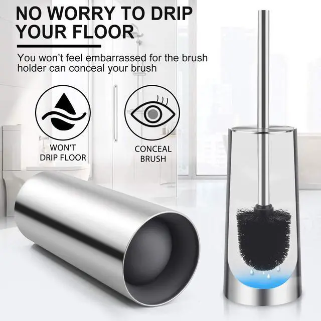Alt view image 5 of 6 - Toilet Brush and Holder, 2 Pack Toilet Brush with 304 Stainless Steel Long Handle, Toilet Bowl Brush for Bathroom Toilet-Ergonomic, Elegant,Durable (Silver)
