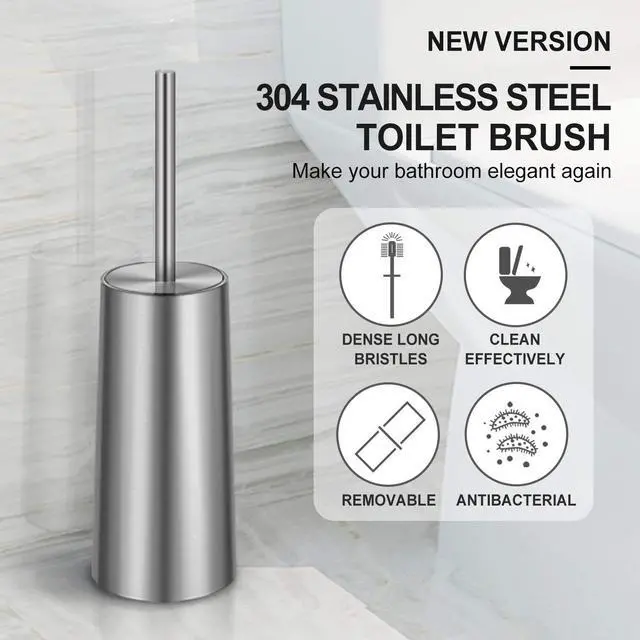 Alt view image 6 of 6 - Toilet Brush and Holder, 2 Pack Toilet Brush with 304 Stainless Steel Long Handle, Toilet Bowl Brush for Bathroom Toilet-Ergonomic, Elegant,Durable (Silver)