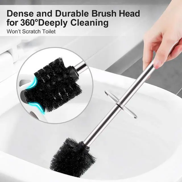 Alt view image 4 of 6 - Toilet Brush and Holder, 2 Pack Toilet Brush with 304 Stainless Steel Long Handle, Toilet Bowl Brush for Bathroom Toilet-Ergonomic, Elegant,Durable (Silver)