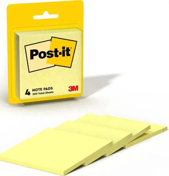 Main image of Notes, 3 in x 3 in, 4 Sticky Notes Pads, 50 Sheets per Pad, The Iconic Canary Yellow Note, School Supplies and Oce Products