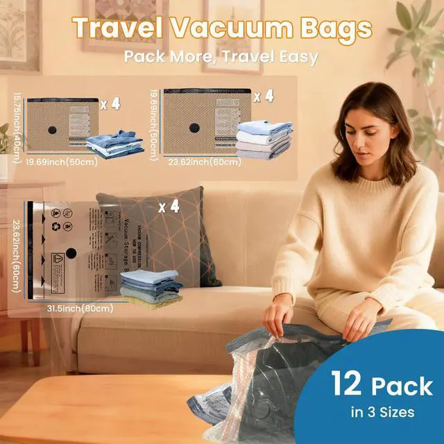 Alt view image 2 of 7 - Vacuum Bags for Travel with Rechargeable Electric Pump, 12 PCS (4S,4M,4L) Storage Bags Vacuum Sealed, Space Saver Bags Carry-on Size Compression Packing Bags for Luggage and Suitcase