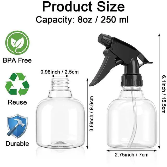 Alt view image 2 of 7 - 12 Pack 8 Oz Empty Plastic Spray Bottle with Black Trigger Sprayers - Adjustable Head Sprayer from Fine to Stream - Refillable Sprayer for Water, Kitchen, Bath, Beauty, Hair, and Cleaning