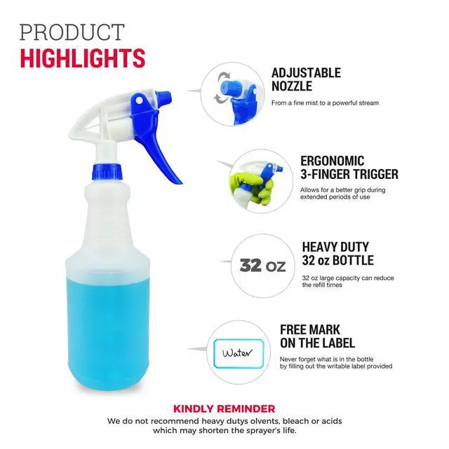 Alt view image 3 of 7 - 3X High Output Heavy Duty Spray Bottles for Cleaning Solutions, 32oz 3 Pack