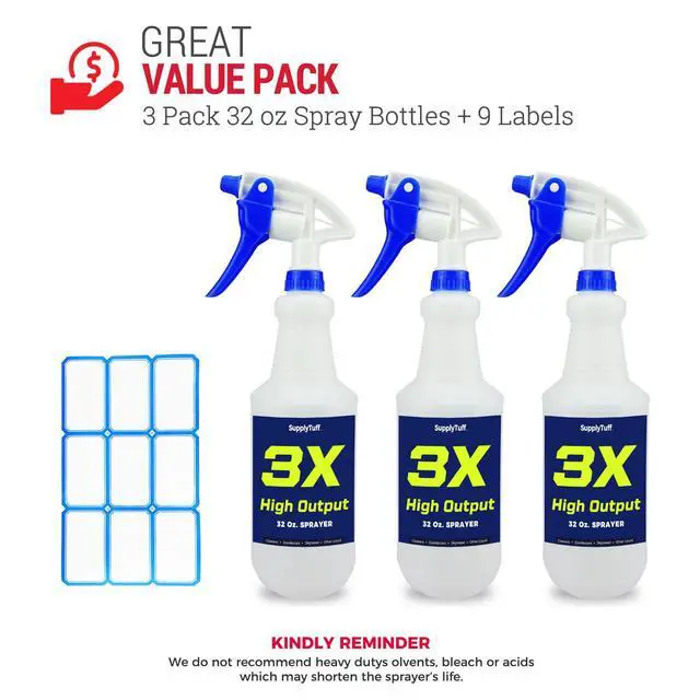Alt view image 6 of 7 - 3X High Output Heavy Duty Spray Bottles for Cleaning Solutions, 32oz 3 Pack