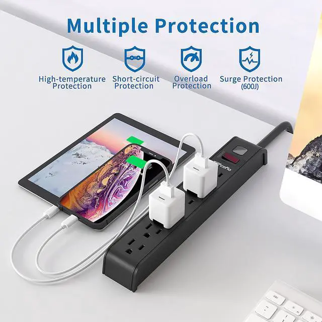 Alt view image 3 of 7 - Power Strip Surge Protector, 4 Feet Extension Cord, 600 Joules Surge Protection, Multiple Protection 6 Outlet Strip, ETL Listed