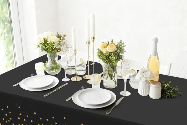 Alt view image 2 of 7 - 3 Pack Dot Disposable Tablecloth, 54 x 108 Inch Waterproof Plastic Table Cloth, Decorative Table Covers for Picnic, Party, Outdoor, Gold in Black