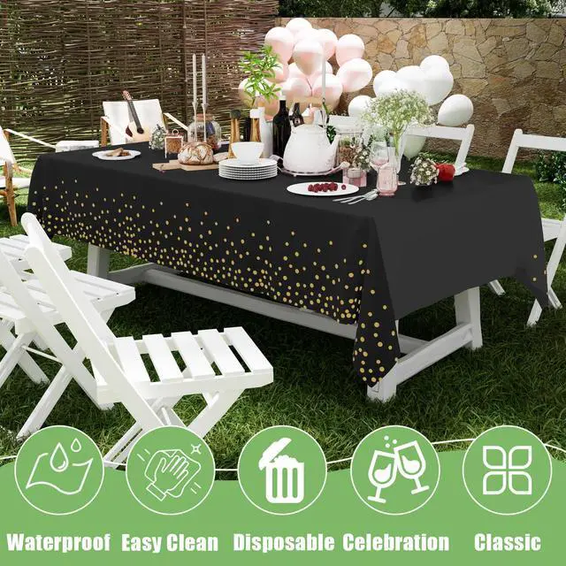 Alt view image 5 of 7 - 3 Pack Dot Disposable Tablecloth, 54 x 108 Inch Waterproof Plastic Table Cloth, Decorative Table Covers for Picnic, Party, Outdoor, Gold in Black