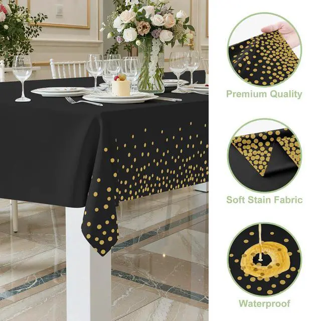 Alt view image 3 of 7 - 3 Pack Dot Disposable Tablecloth, 54 x 108 Inch Waterproof Plastic Table Cloth, Decorative Table Covers for Picnic, Party, Outdoor, Gold in Black