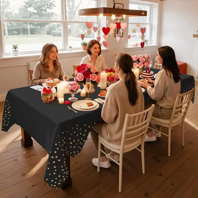 Alt view image 6 of 7 - 3 Pack Dot Disposable Tablecloth, 54 x 108 Inch Waterproof Plastic Table Cloth, Decorative Table Covers for Picnic, Party, Outdoor, Gold in Black