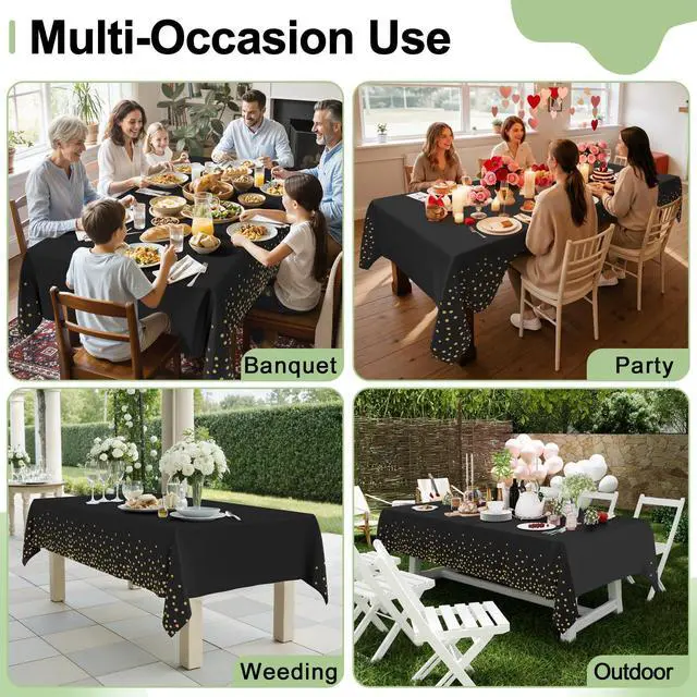 Alt view image 7 of 7 - 3 Pack Dot Disposable Tablecloth, 54 x 108 Inch Waterproof Plastic Table Cloth, Decorative Table Covers for Picnic, Party, Outdoor, Gold in Black