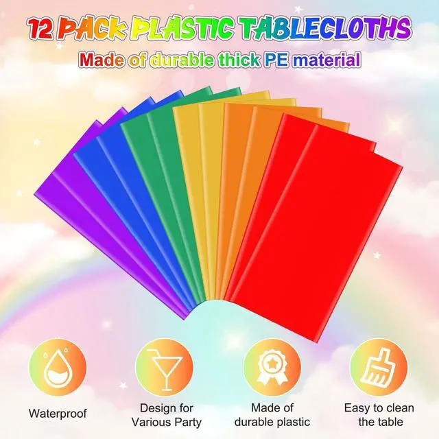 Alt view image 3 of 7 - 12 Pack 6 Color Rainbow Theme Tablecloth Assorted Color Plastic Tablecloth Disposable Colorful Rectangle Table Covers for Fiesta Wedding Birthday Picnic Graduation Party Decorations, 54 x 108 Inch