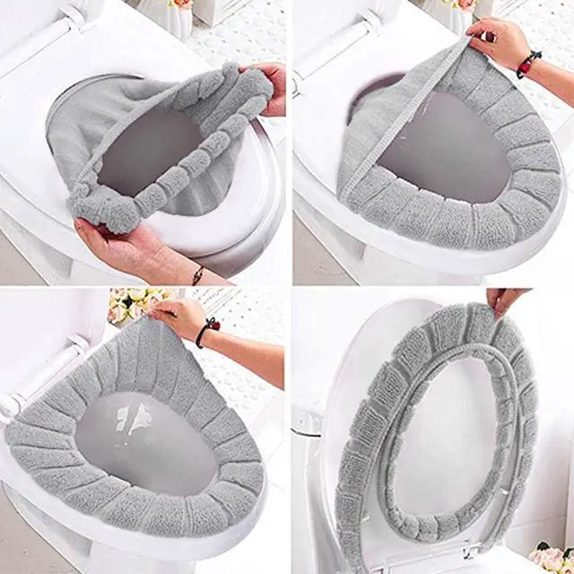Alt view image 5 of 7 - Bathroom Soft Thicker Warmer Stretchable Washable Cloth Toilet Seat Cover Pads 3PCS