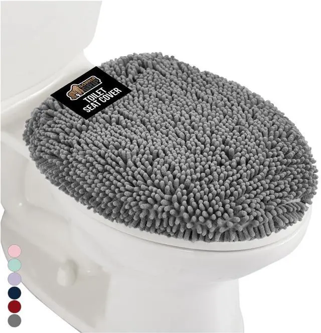 Main image of Soft Chenille Bathroom Toilet Lid Cover, Machine Washable Seat Covers, 19.5x18.5, Stays in Place Rubber Backing, Fits Most Round, Elongated and Oblong Lids, Accessories Decor, Grey