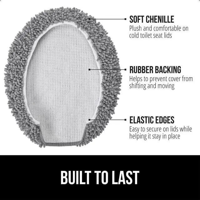 Alt view image 2 of 7 - Soft Chenille Bathroom Toilet Lid Cover, Machine Washable Seat Covers, 19.5x18.5, Stays in Place Rubber Backing, Fits Most Round, Elongated and Oblong Lids, Accessories Decor, Grey
