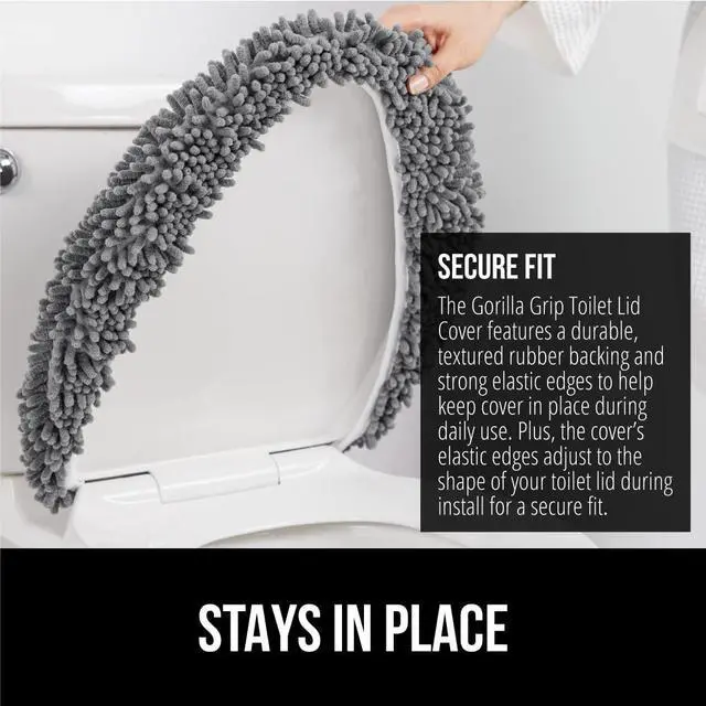 Alt view image 3 of 7 - Soft Chenille Bathroom Toilet Lid Cover, Machine Washable Seat Covers, 19.5x18.5, Stays in Place Rubber Backing, Fits Most Round, Elongated and Oblong Lids, Accessories Decor, Grey