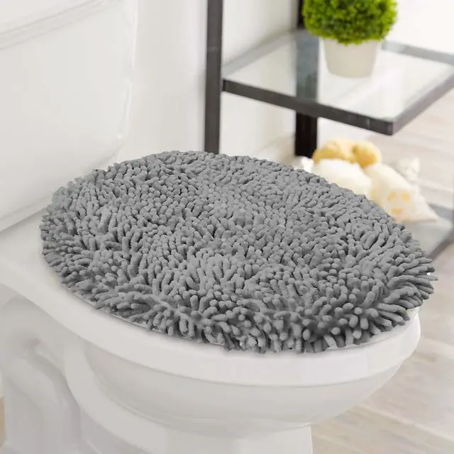 Alt view image 3 of 7 - Premium Chenille Microfiber Toilet Lid Cover, Soft Plush Toilet Seat Cover Set for Bathroom, Non-Slip Stretch Fit, Machine Washable, Fits Standard & Elongated Toilet Seat Lid (Light Gray)