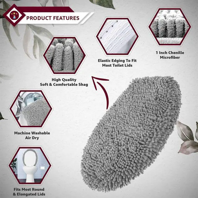 Alt view image 4 of 7 - Premium Chenille Microfiber Toilet Lid Cover, Soft Plush Toilet Seat Cover Set for Bathroom, Non-Slip Stretch Fit, Machine Washable, Fits Standard & Elongated Toilet Seat Lid (Light Gray)