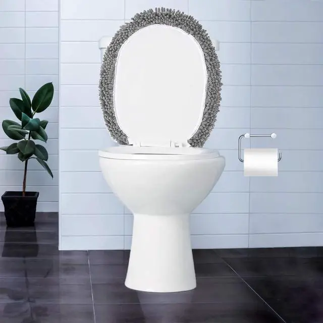 Alt view image 7 of 7 - Premium Chenille Microfiber Toilet Lid Cover, Soft Plush Toilet Seat Cover Set for Bathroom, Non-Slip Stretch Fit, Machine Washable, Fits Standard & Elongated Toilet Seat Lid (Light Gray)