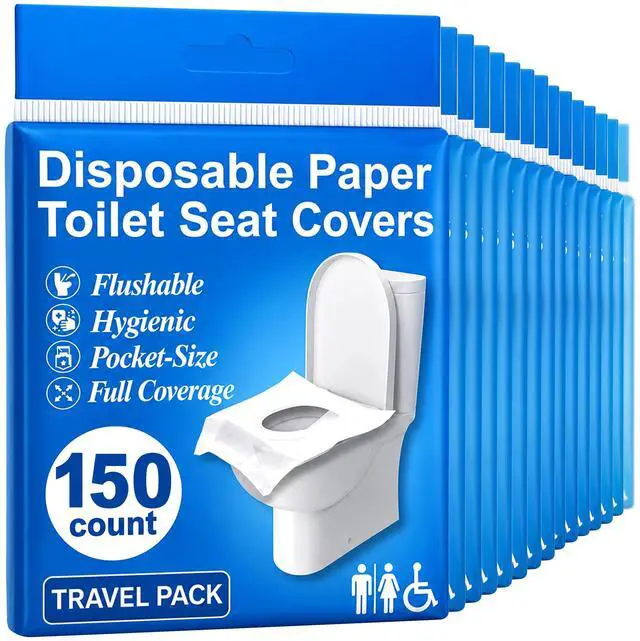 Main image of Disposable Toilet Seat Covers Flushable XL 150 Pack Adults & Kids Potty Training Travel Toilet Seat Cover 100% Biodegradable Public Restroom Protection for Airplane, Camping, Festivals