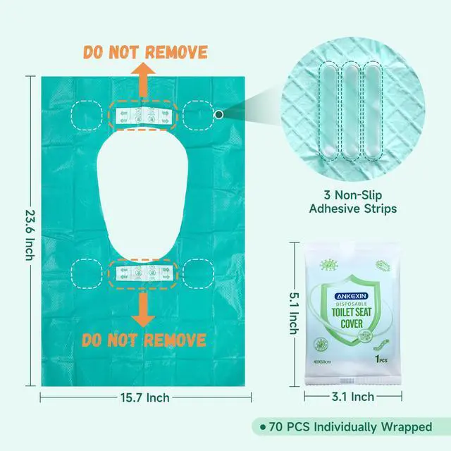 Alt view image 2 of 7 - Disposable Toilet Seat Covers, 70 PCS Individually Travel Pack, XL Waterproof & Adhesive Secure Fit for Public Restrooms, Airplane & Office Use