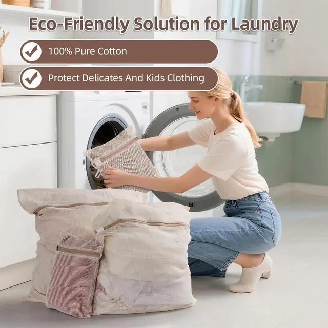 Alt view image 3 of 7 - 100% Cotton Mesh Laundry Bags, Premium Soft, No Dye, Set of 4, Natural