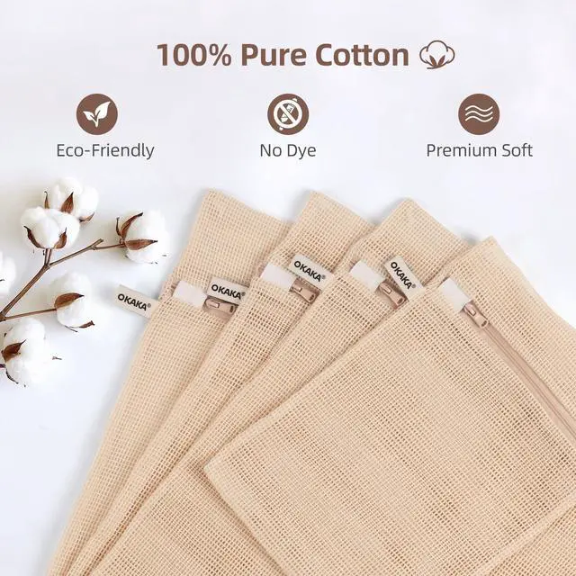 Alt view image 4 of 7 - 100% Cotton Mesh Laundry Bags, Premium Soft, No Dye, Set of 4, Natural
