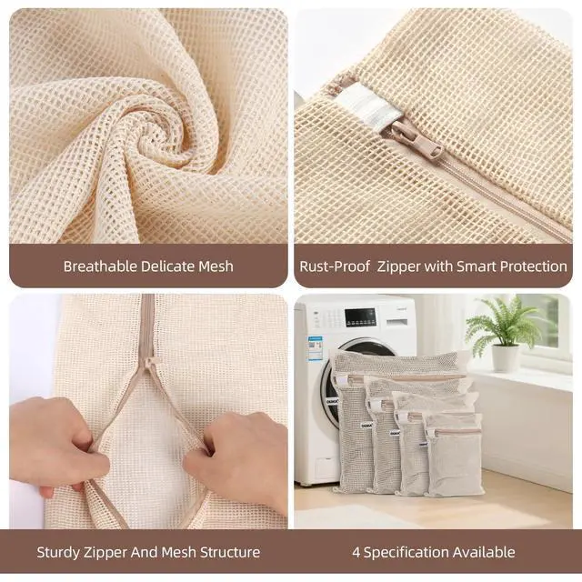 Alt view image 5 of 7 - 100% Cotton Mesh Laundry Bags, Premium Soft, No Dye, Set of 4, Natural