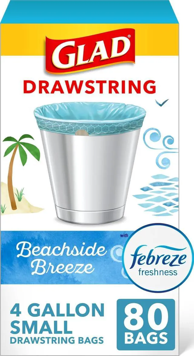 Main image of Small Trash Bags, Great for Office, Bathrooms and Bedroom Bins, Beachside Breeze Scented Garbage Bags, Odor Resistant with Drawstring, Febreze Freshness, 4 Gallon Trash Bags, 80 Count