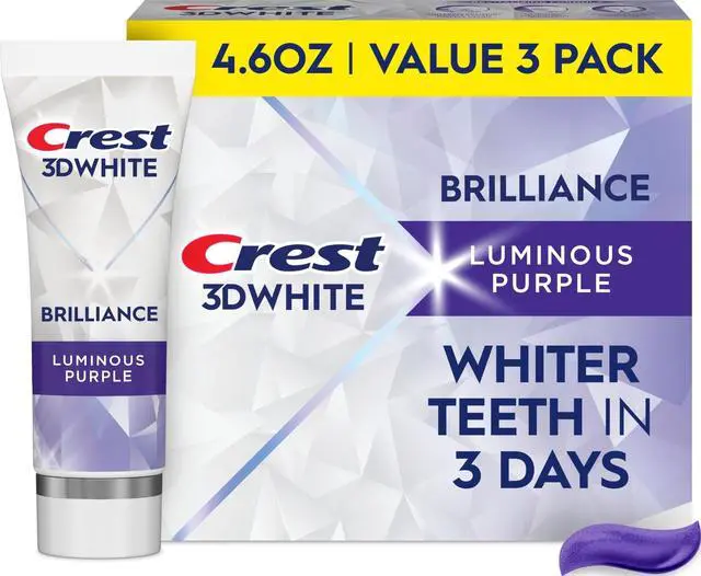 Main image of 3D White Brilliance Luminous Purple Teeth Whitening Toothpaste, 4.6 oz Pack of 3, Anticavity Fluoride Toothpaste, Fights 100% More Surface Stains, 24 Hour Active Stain Prevention