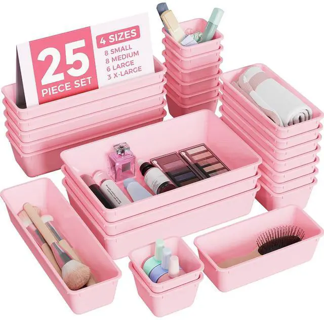 Main image of 25 PCS Plastic Drawer Organizers Set, 4-Sizes Vanity and Makeup Organizer, Desk and bathroom Drawer Organizer Trays, Organizers and Storage for Makeup, Jewelry, Gadgets, Utensils (Pink)