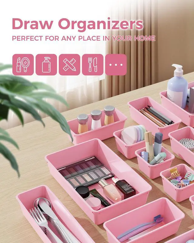 Alt view image 3 of 7 - 25 PCS Plastic Drawer Organizers Set, 4-Sizes Vanity and Makeup Organizer, Desk and bathroom Drawer Organizer Trays, Organizers and Storage for Makeup, Jewelry, Gadgets, Utensils (Pink)