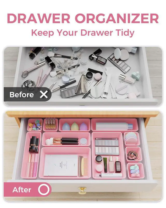 Alt view image 4 of 7 - 25 PCS Plastic Drawer Organizers Set, 4-Sizes Vanity and Makeup Organizer, Desk and bathroom Drawer Organizer Trays, Organizers and Storage for Makeup, Jewelry, Gadgets, Utensils (Pink)