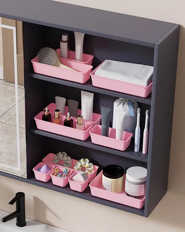 Alt view image 6 of 7 - 25 PCS Plastic Drawer Organizers Set, 4-Sizes Vanity and Makeup Organizer, Desk and bathroom Drawer Organizer Trays, Organizers and Storage for Makeup, Jewelry, Gadgets, Utensils (Pink)