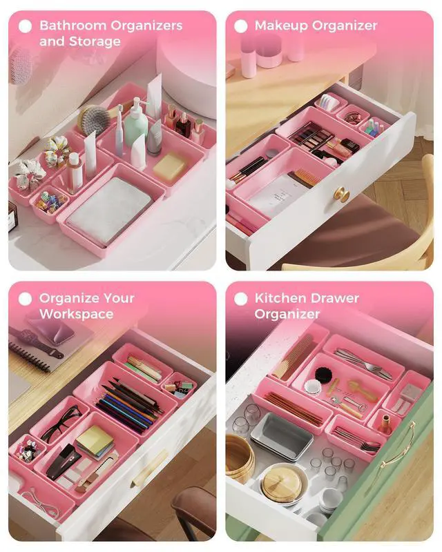Alt view image 7 of 7 - 25 PCS Plastic Drawer Organizers Set, 4-Sizes Vanity and Makeup Organizer, Desk and bathroom Drawer Organizer Trays, Organizers and Storage for Makeup, Jewelry, Gadgets, Utensils (Pink)