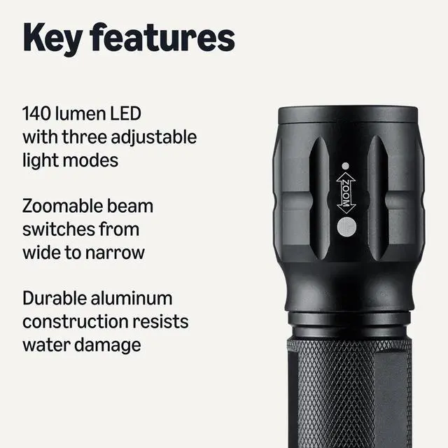Alt view image 2 of 5 - Tactical Flashlight, Durable Waterproof 140 Lumens LED, 3 Light Modes, Zoomable Beam, Black