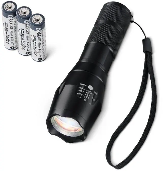 Main image of Handheld LED Flashlight, 200 Lumen, Adjustable Brightness Focus, 5 Light Modes, Water Resistant IPX4, Black