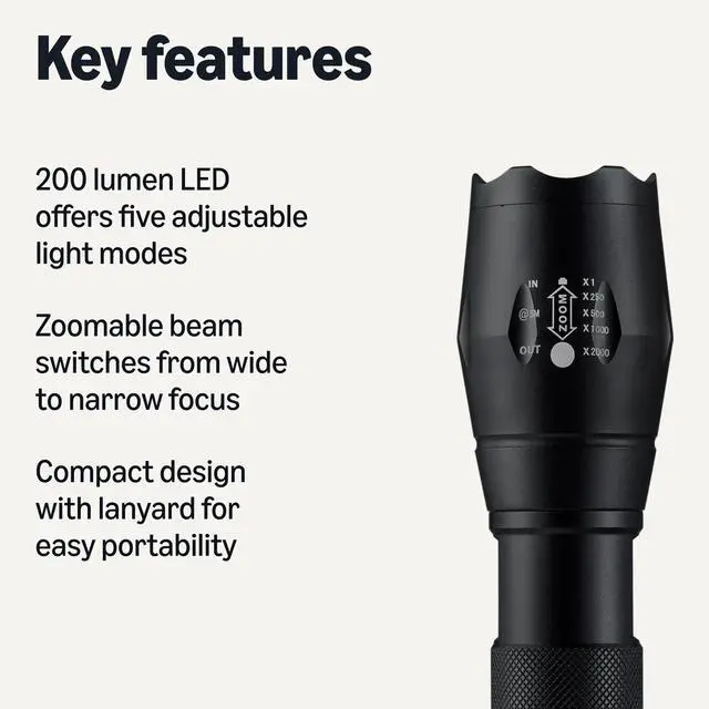 Alt view image 2 of 5 - Handheld LED Flashlight, 200 Lumen, Adjustable Brightness Focus, 5 Light Modes, Water Resistant IPX4, Black