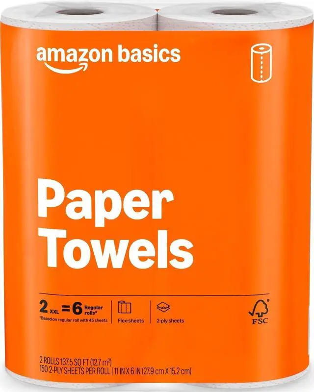 Main image of 2-Ply Flex-Sheets Paper Towels, 2-Pack, 150 Sheets per Roll, 2 Basics Rolls = 6 Regular Rolls, for Everyday Use, Spills and Messes